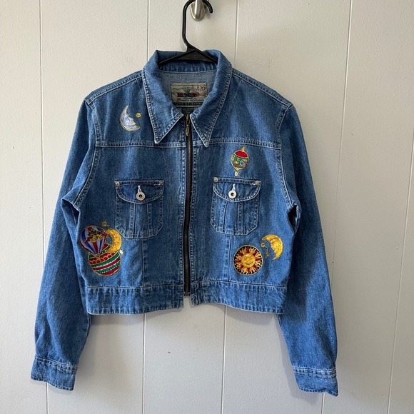 Express Jeans Jackets & Blazers - vintage Y2k Express Cropped Demin Jacket Embroided Sun, Moon Size M